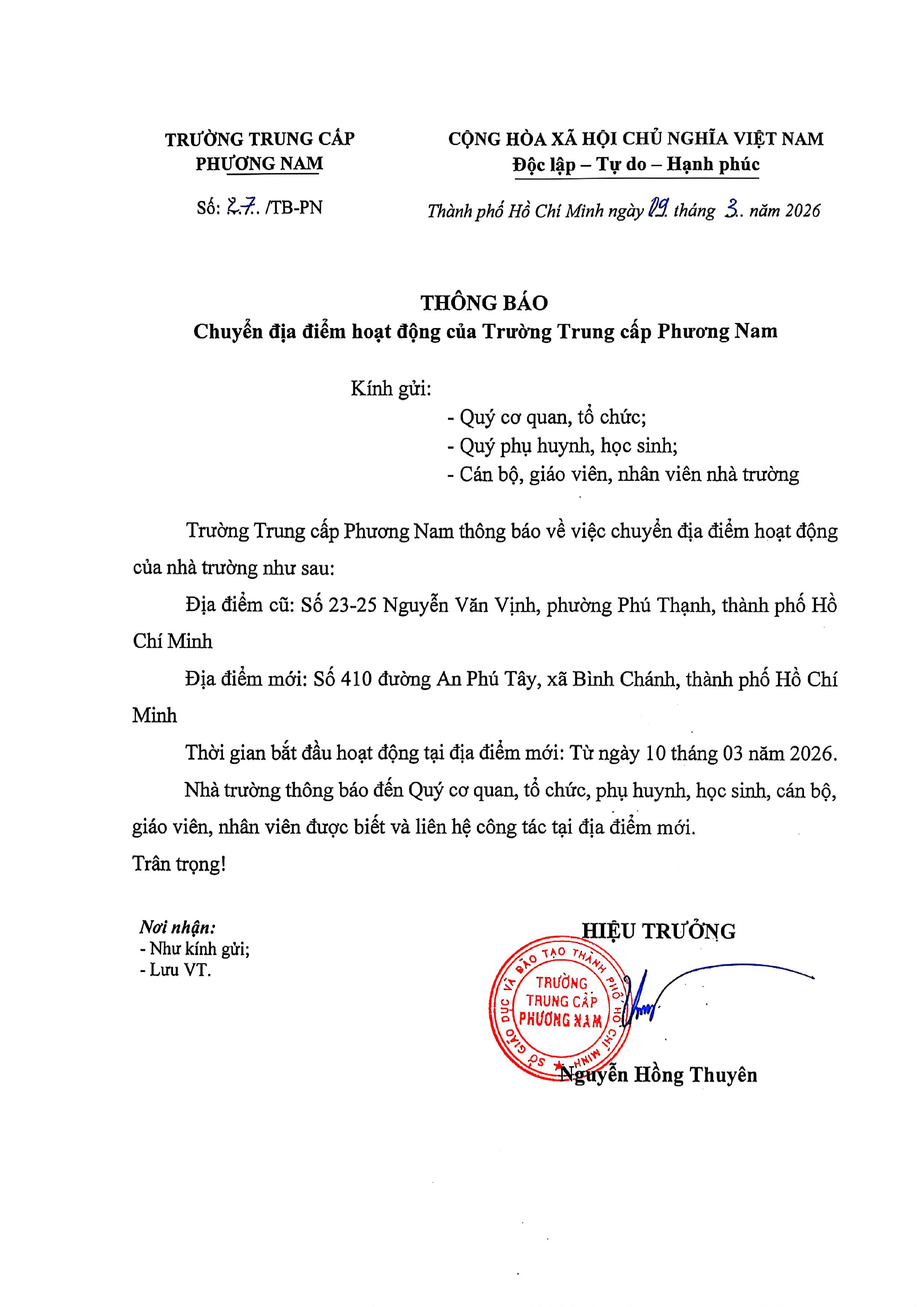 THONG BAO CHUYEN DIA DIEM BINH CHANH OFFICIAL